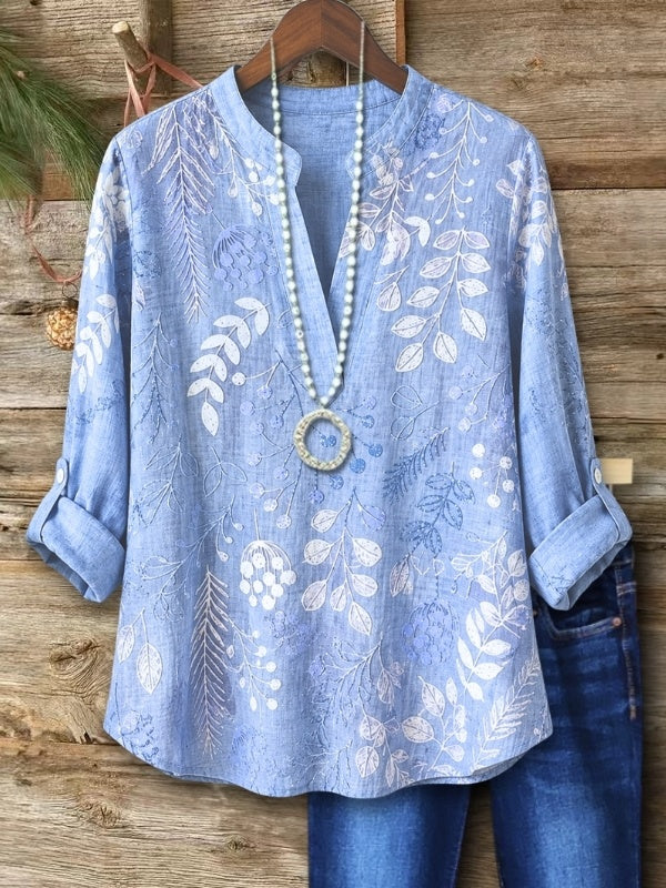 Botanical Print Roll-Tab Sleeve Blouse