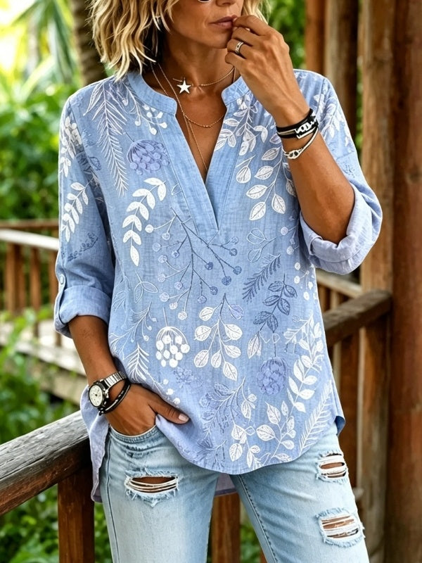 Botanical Print Roll-Tab Sleeve Blouse