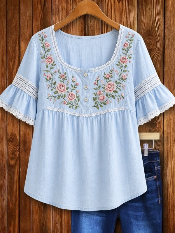 Floral Embroidered Lace Trim Flutter Sleeve Top