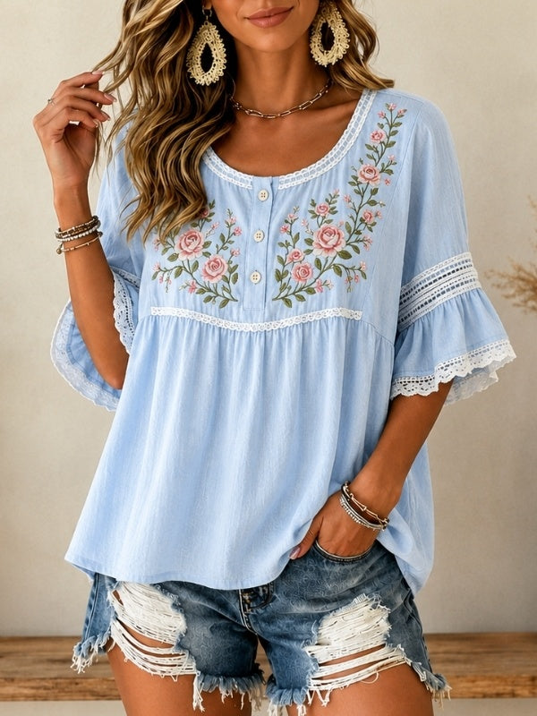 Floral Embroidered Lace Trim Flutter Sleeve Top