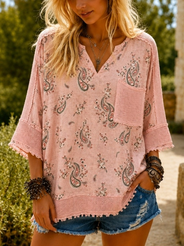 Patchwork Mesh Trim Paisley Top - Blush