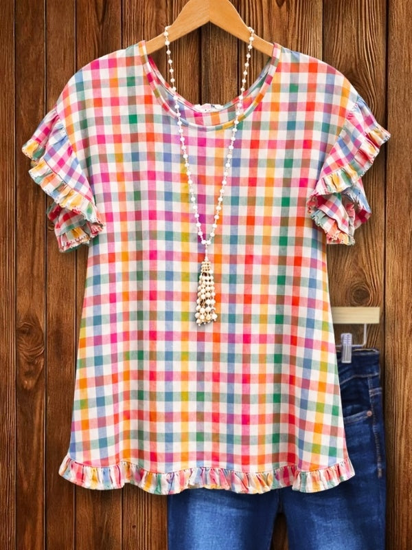 Ruffle Sleeve Gingham Print Top