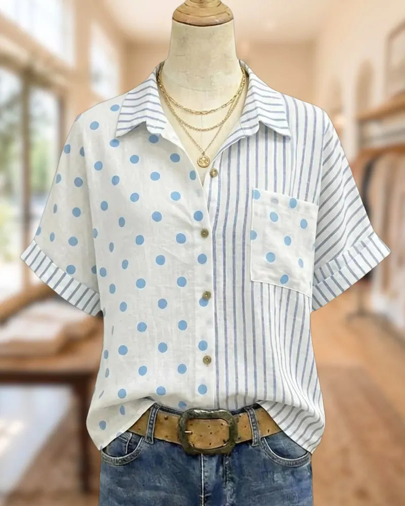 Polka Dot & Striped Button Down Short Sleeve Pocket Shirt