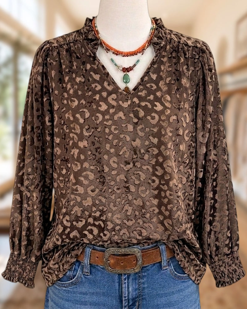 Leopard Print Velvet V Neck Long Sleeve Elegant Blouse