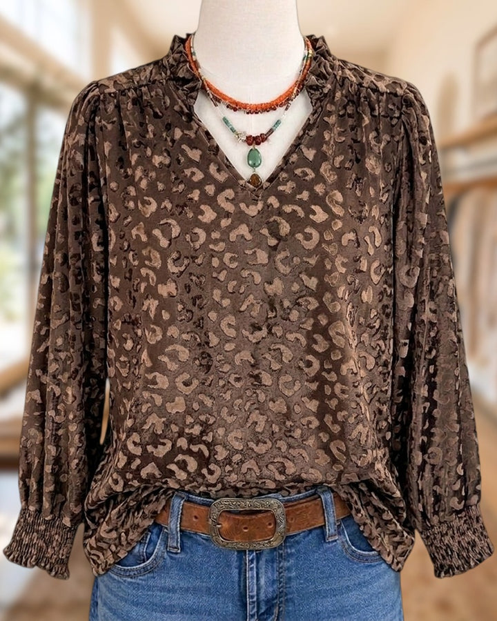 Leopard Print Velvet V Neck Long Sleeve Elegant Blouse