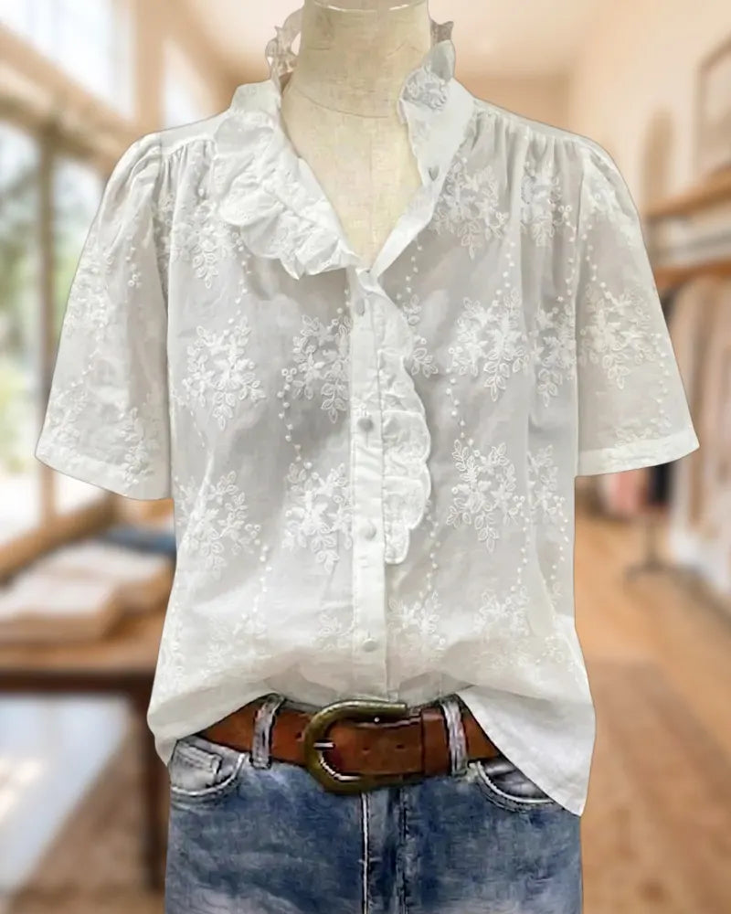 Ruffled Collar Embroidered Button Down Short Sleeve Blouse