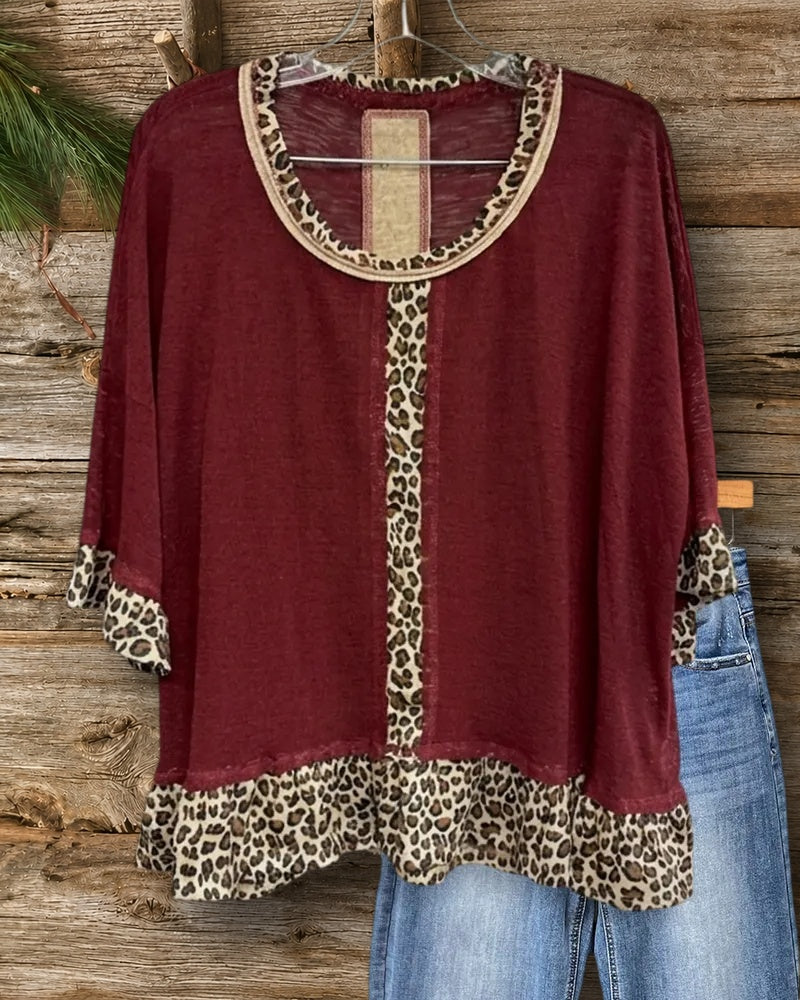 Leopard Trim Contrast Panel Half Sleeve Loose Casual Blouse