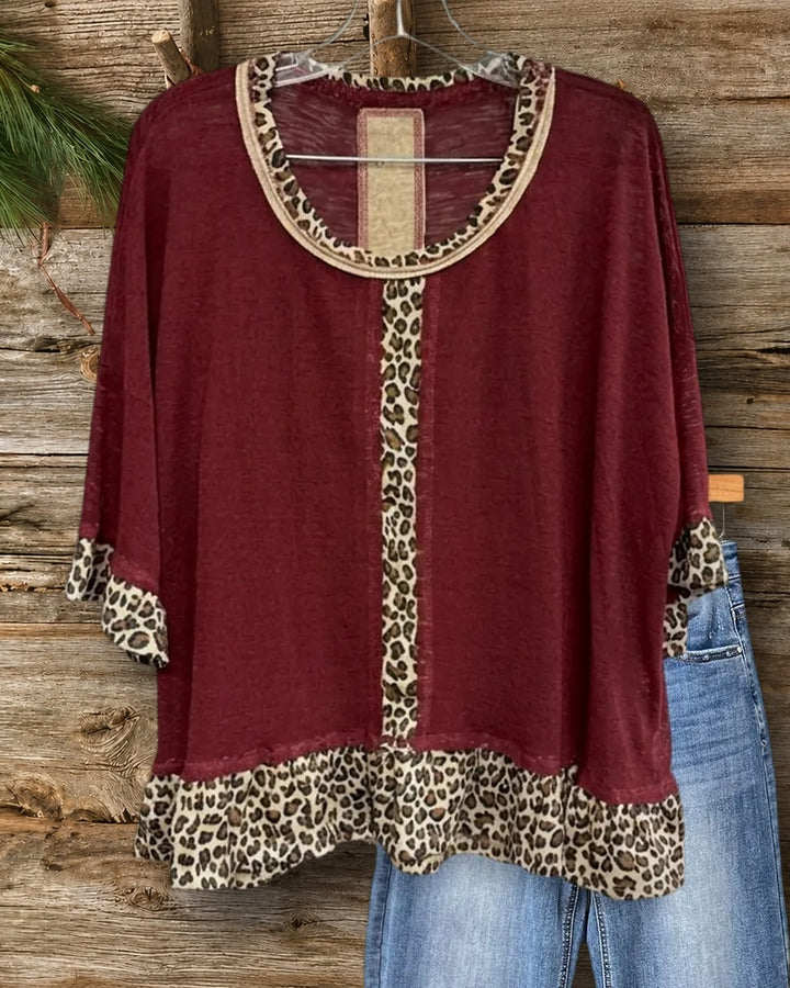 Leopard Trim Contrast Panel Half Sleeve Loose Casual Blouse