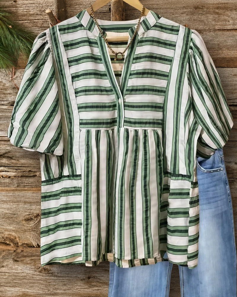 Striped V Neck Puff Sleeve Simple T-Shirt