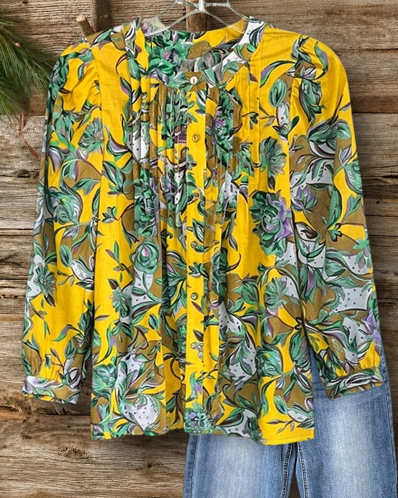Floral Print Pleated Button Front Long Sleeve Blouse