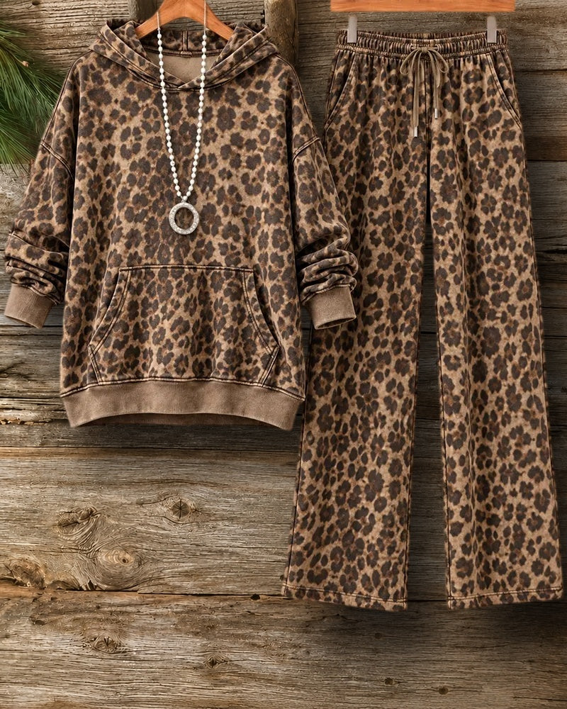 Leopard Print Hooded Kangaroo Pocket Sweatshirt And Pants Two Piece Set