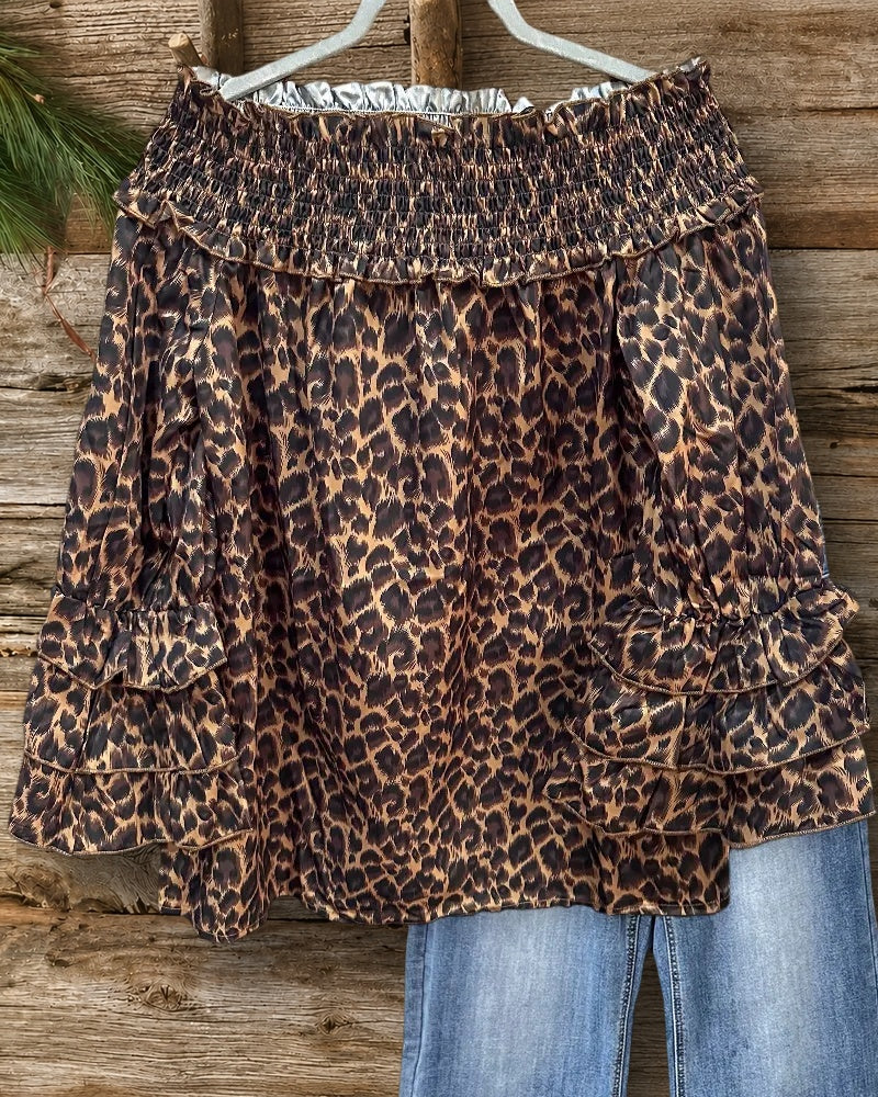 Leopard Print Elegant Off Shoulder Ruffle Sleeve Blouse