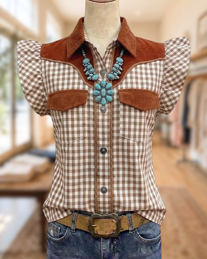 Gingham Flutter Sleeve Flap Pocket Collared Button Up Shirt