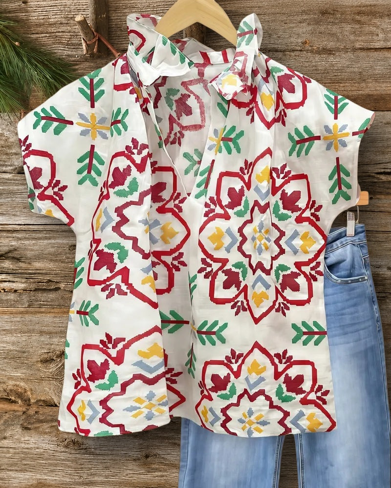 Multicolor Floral Print Retro V Neck T-Shirt