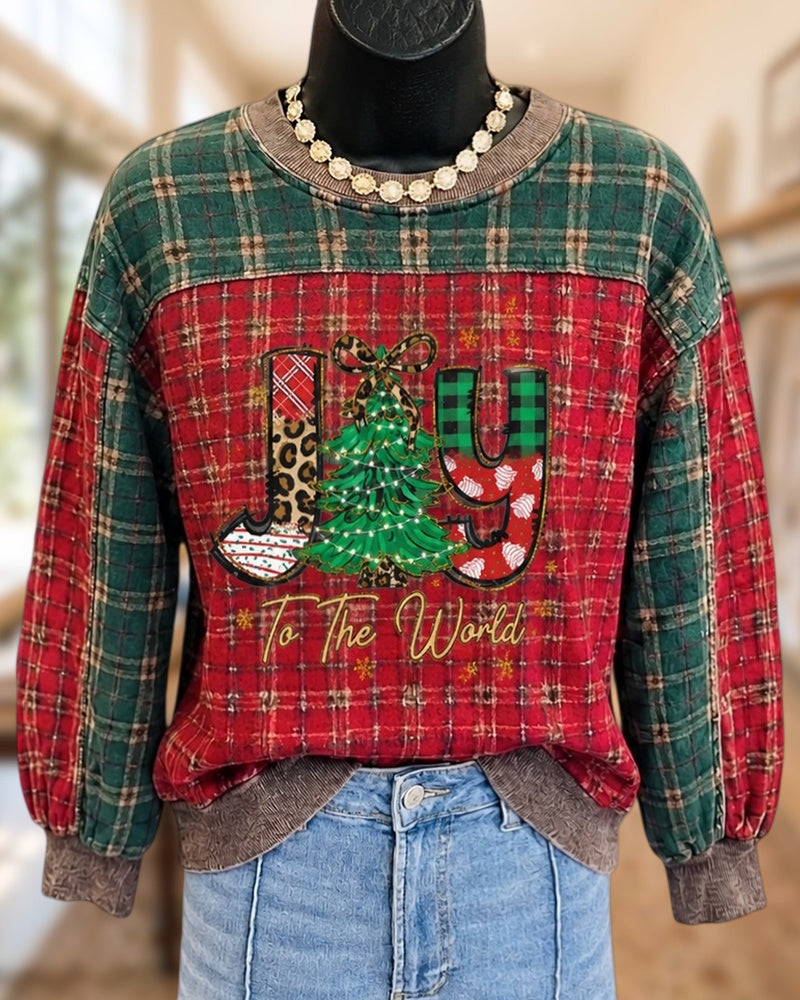 Joy To The World Print Contrast Panel Plaid Sweatshirt