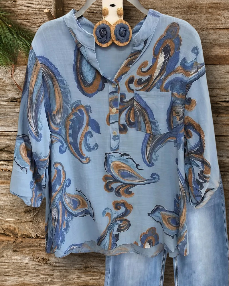 Paisley Print Boho V Neck Pocket Blouse