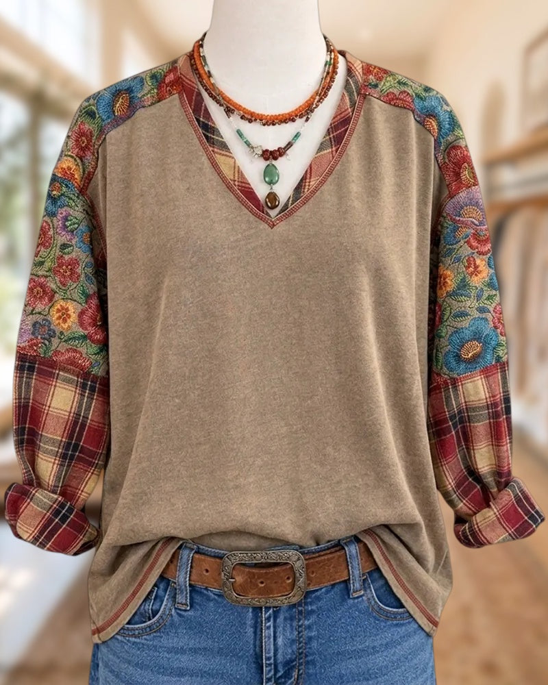 V Neck Patchwork Long Sleeve Comfortable Sweatshirt