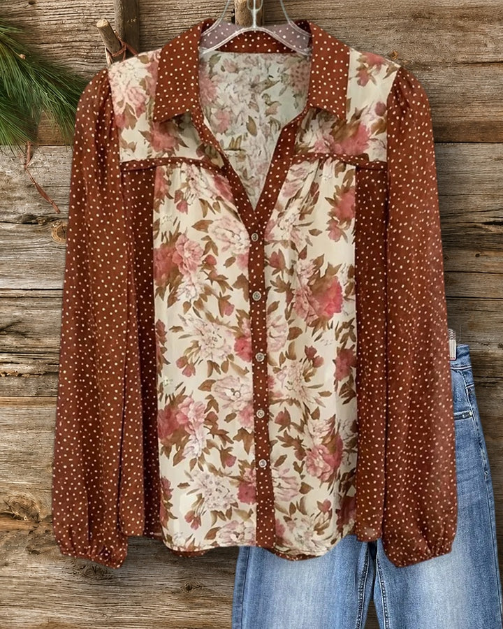 Floral Polka Dot Patchwork Button Front Bishop Sleeve Blouse
