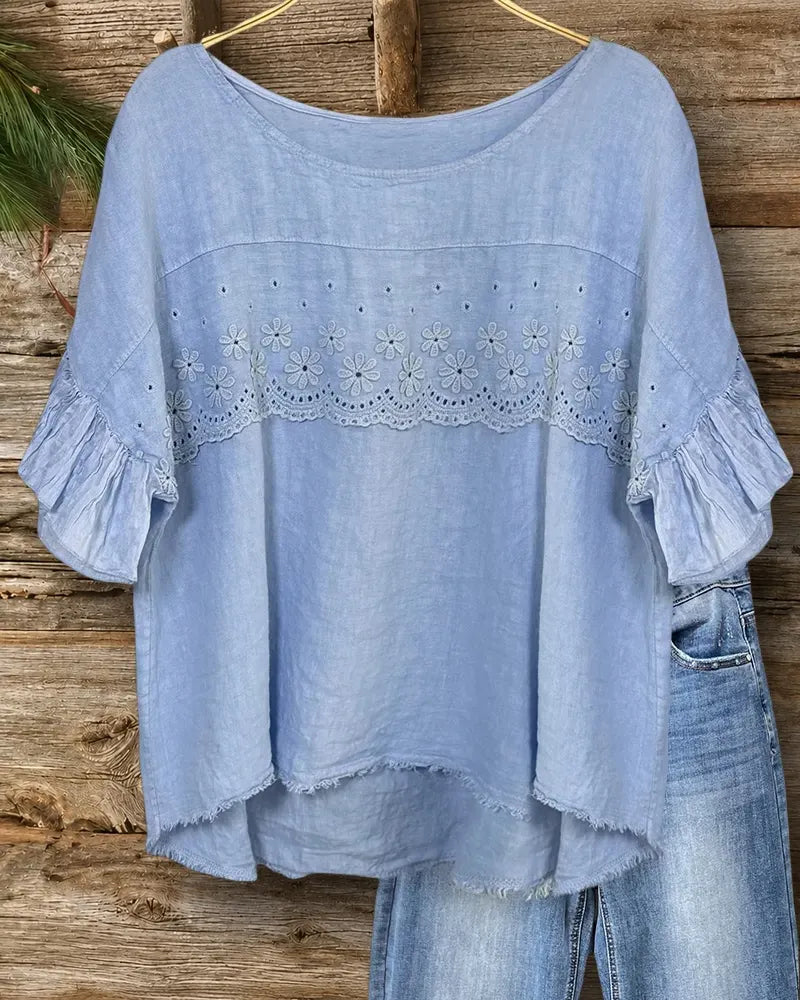 Eyelet Embroidery Ruffled Sleeve Frayed Hem Boat Neck Loose Blouse