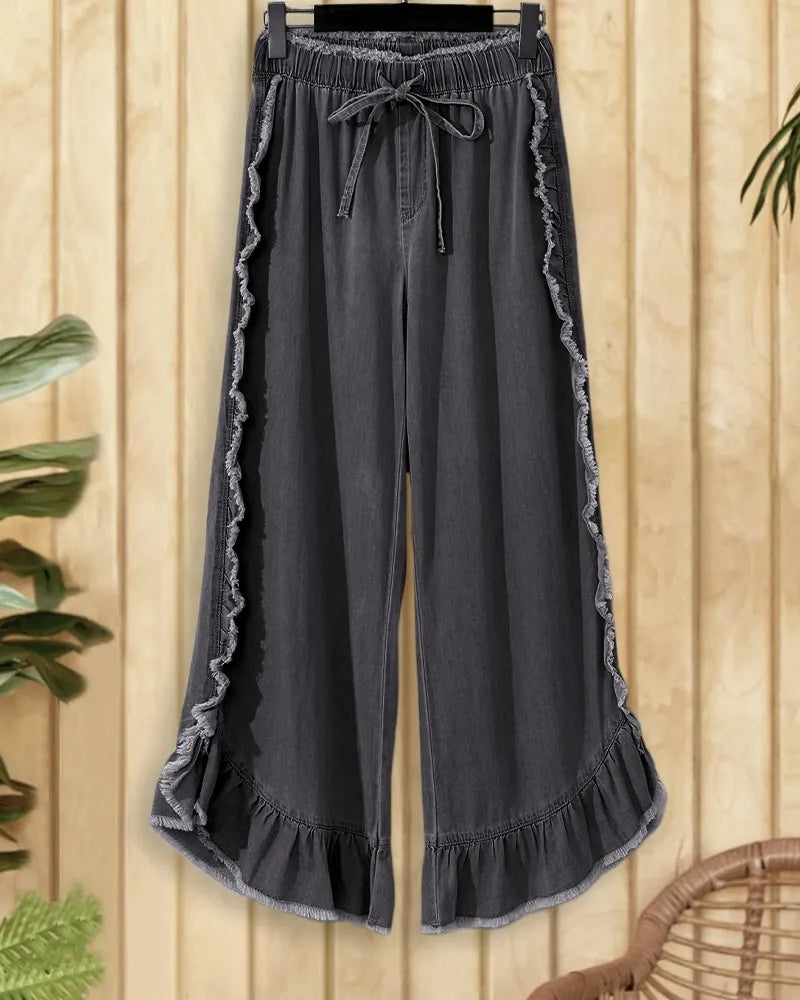 Solid Color Washed Pretty Ruffled Flared Jeans
