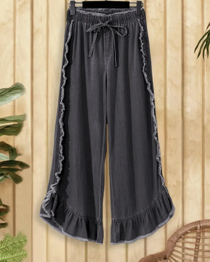 Solid Color Washed Pretty Ruffled Flared Jeans