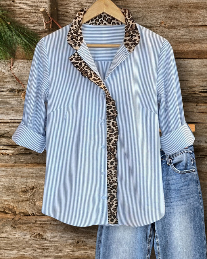 Striped Leopard Ruffled Trim Button Front Stylish Shirt