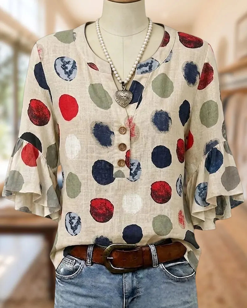 Polka Dot V Neck Ruffle Sleeve Flowy Casual Blouse
