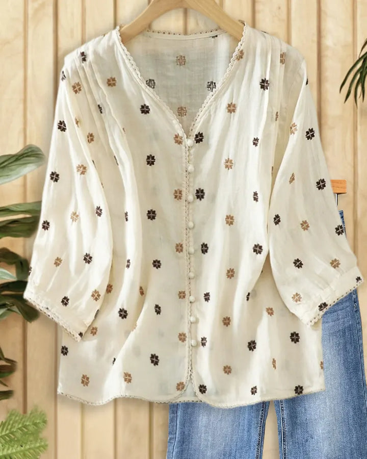 V Neck Lace Trim Button Front Embroidered Loose Blouse