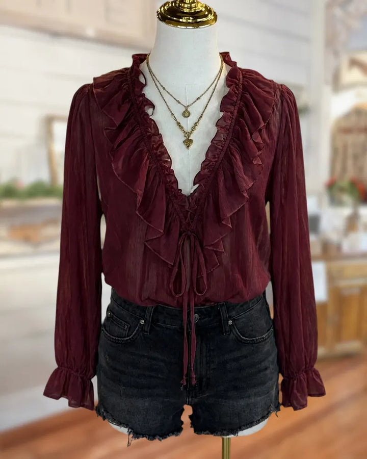 Ruffled V Neck Tie Front Ruffled Cuff Long Sleeve Blouse