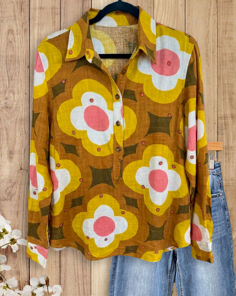 Retro Floral Print Collared Long Sleeve Button Front Shirt