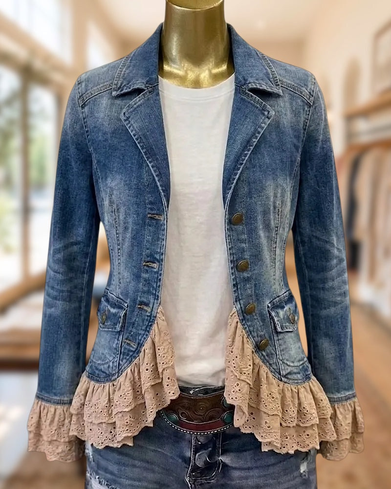Notched Lapel Denim Jacket With Tiered Lace Ruffled Hem