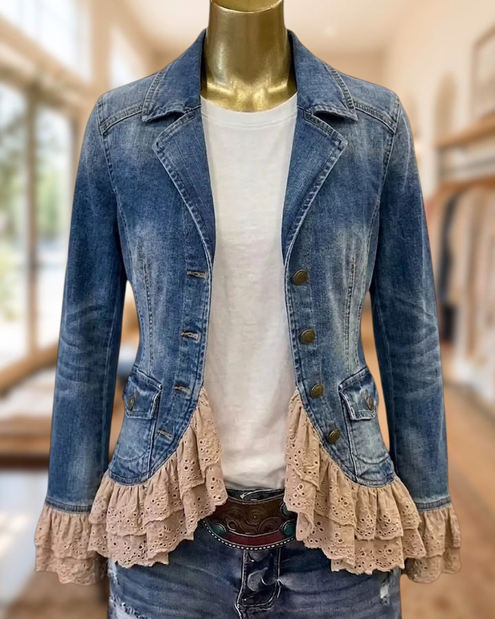 Notched Lapel Denim Jacket With Tiered Lace Ruffled Hem