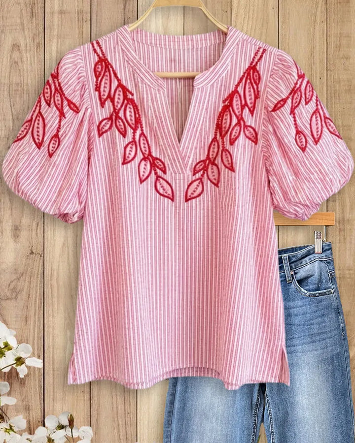 Striped Leaf Embroidery Puff Sleeve V Neck Casual Blouse
