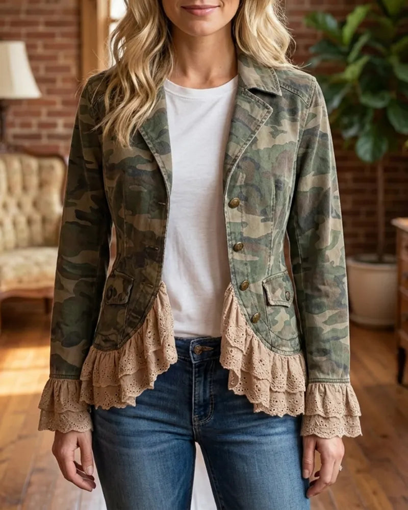 Long Sleeve Camo Lapel Jacket with Tiered Lace Ruffles