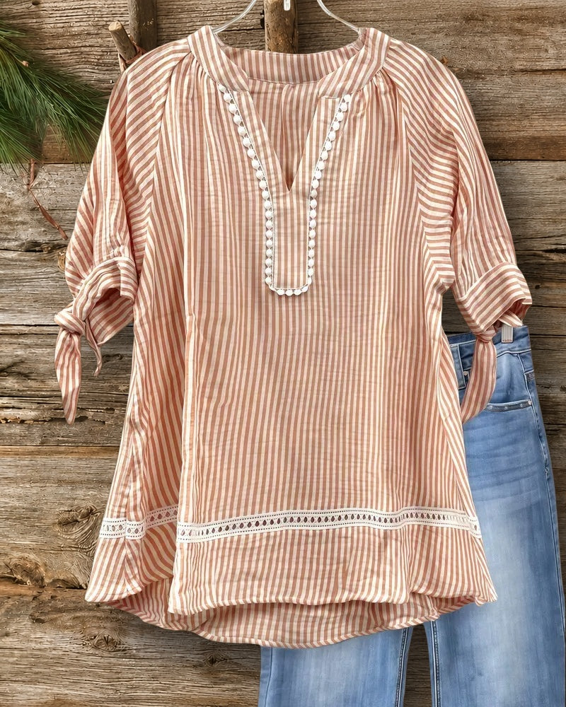 Striped V Neck Tied Sleeve Cozy Blouse