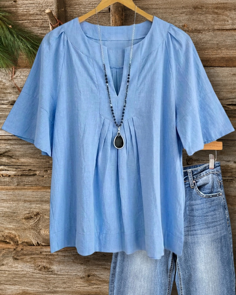 V Neck Pleated Short Sleeve Loose Casual Daily Blouse