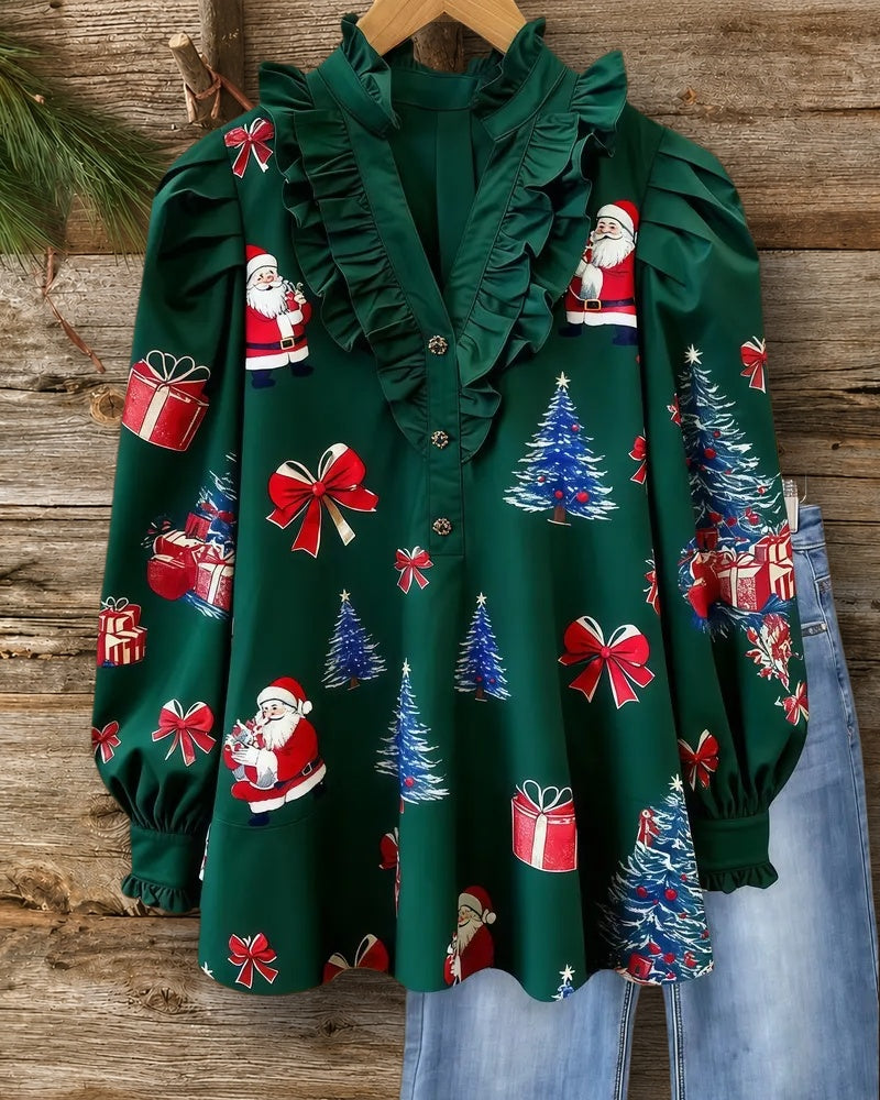 Santa Claus Print Urban Ruffles Decor V Neck Button Up Blouse