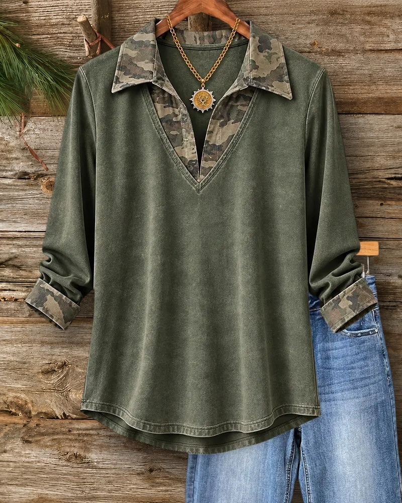 Collared V Neck Camo Trim Rolled Cuff Casual Top