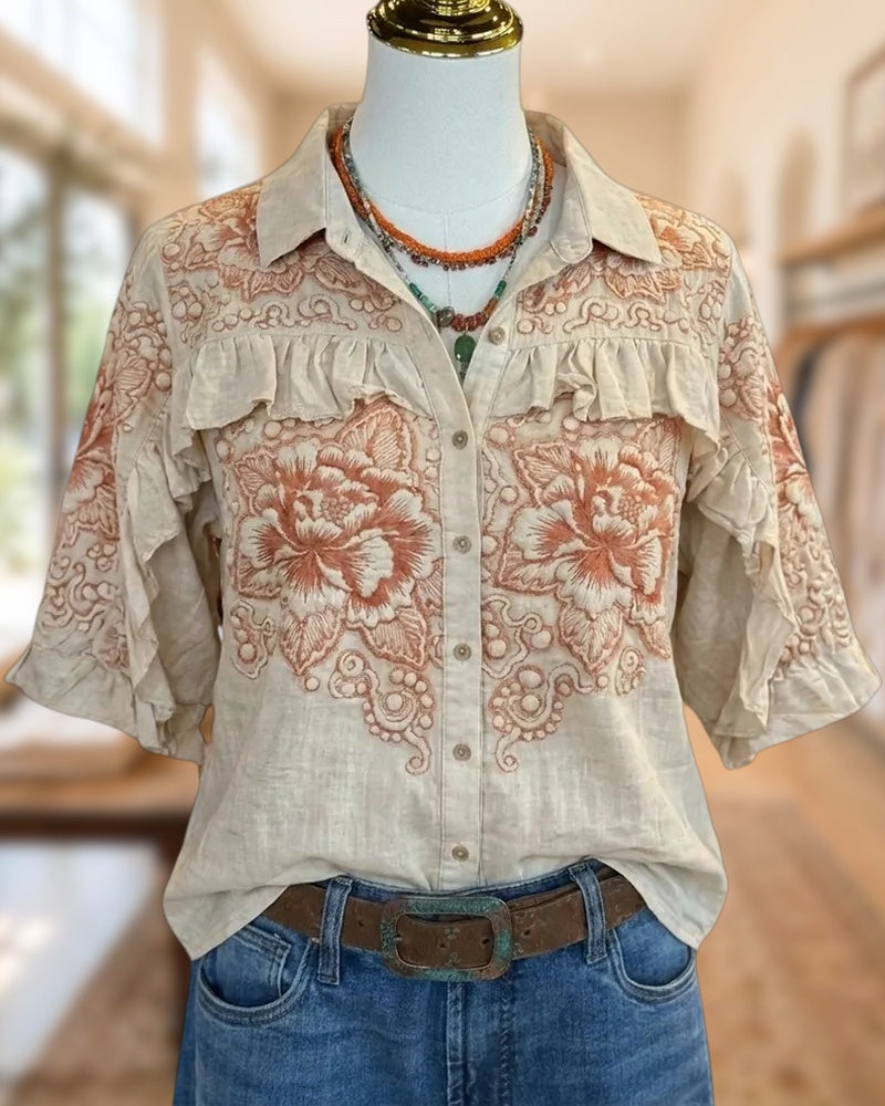 Floral Embroidered Ruffle Trim Blouse
