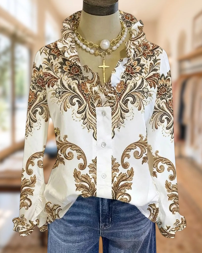 Ruffled Trim Vintage Baroque Print Long Sleeve Button Front Blouse
