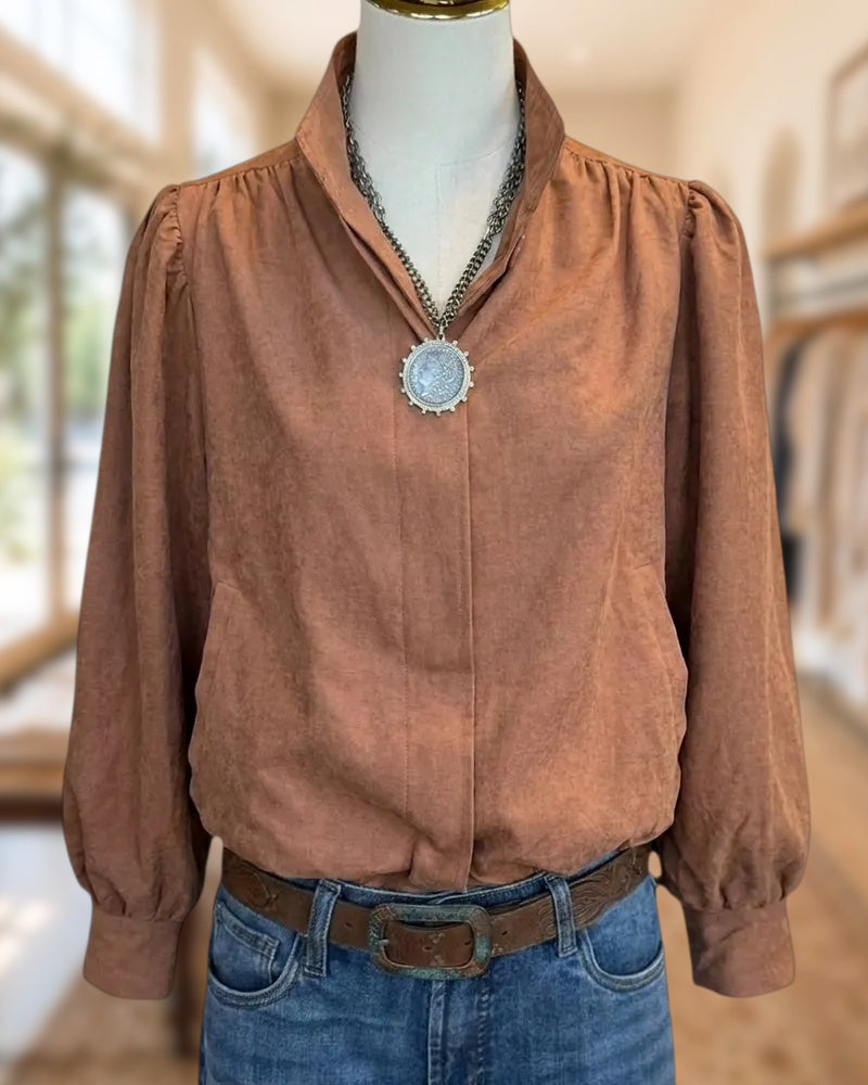 Stand Collar Puff Sleeve Gathered Shoulder Solid Color Blouse