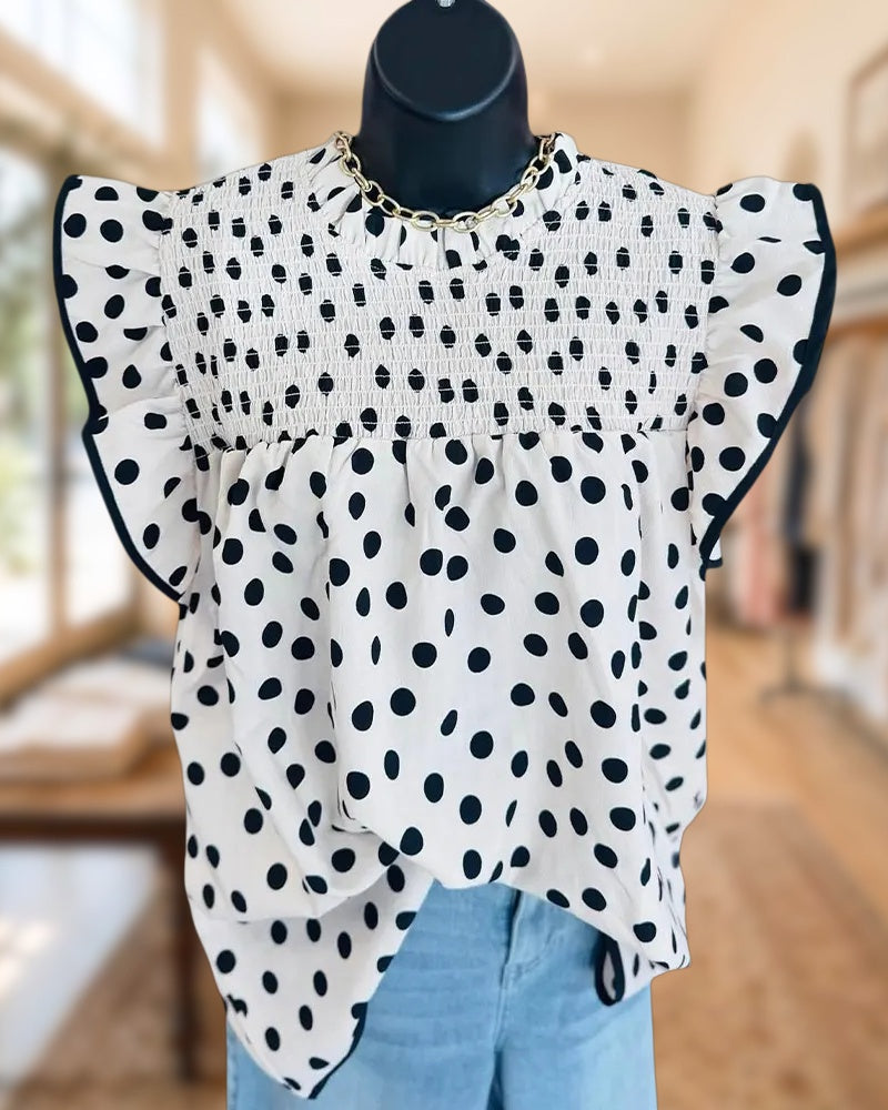 Polka Dot Smocked Ruffle Sleeve Contrast Trim Chic Blouse