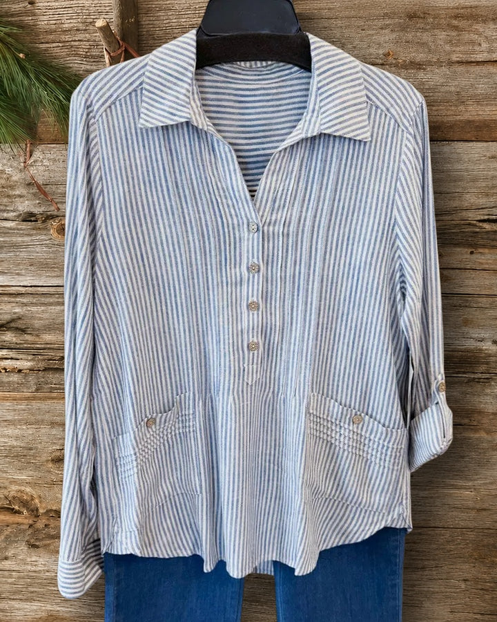 Striped Collared Half Placket Roll-Tab Sleeve Pocket Blouse