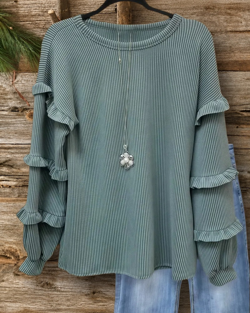 Solid Color Ribbed Pretty Ruffles Trim Blouse