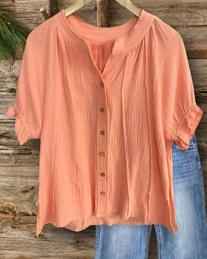 Solid Color Raglan Sleeve Cozy Button Blouse