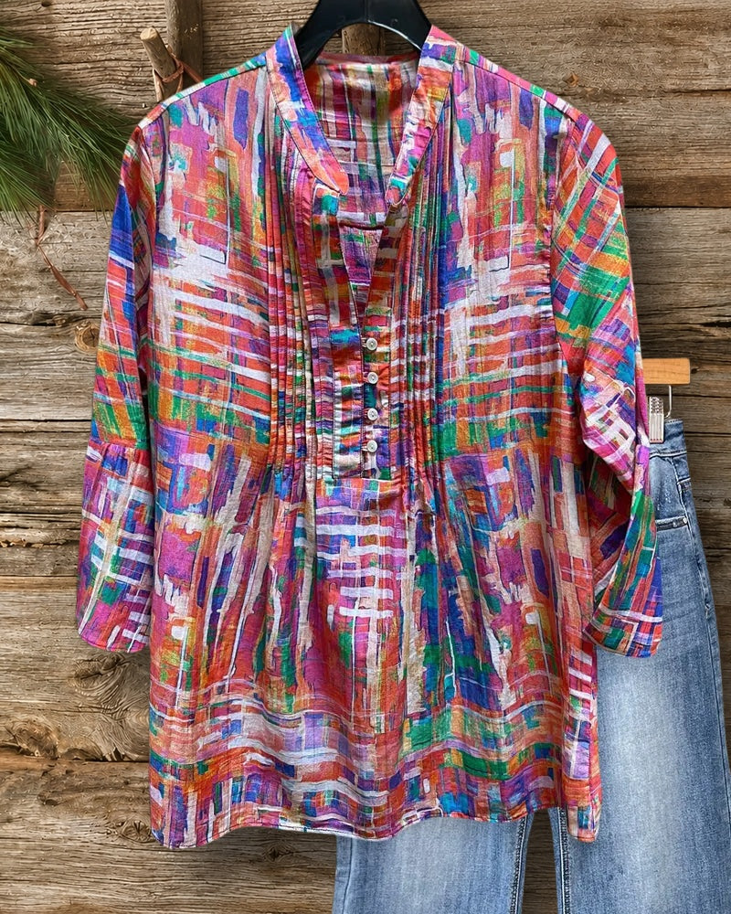 Watercolor Print V Neck Bell Sleeve Cozy Blouse