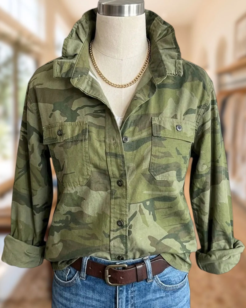 Camouflage Print Button Front Collared Chest Pocket Long Sleeve Shirt