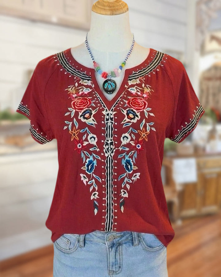 Floral Print Contrast Trim V Neck Short Sleeve Blouse