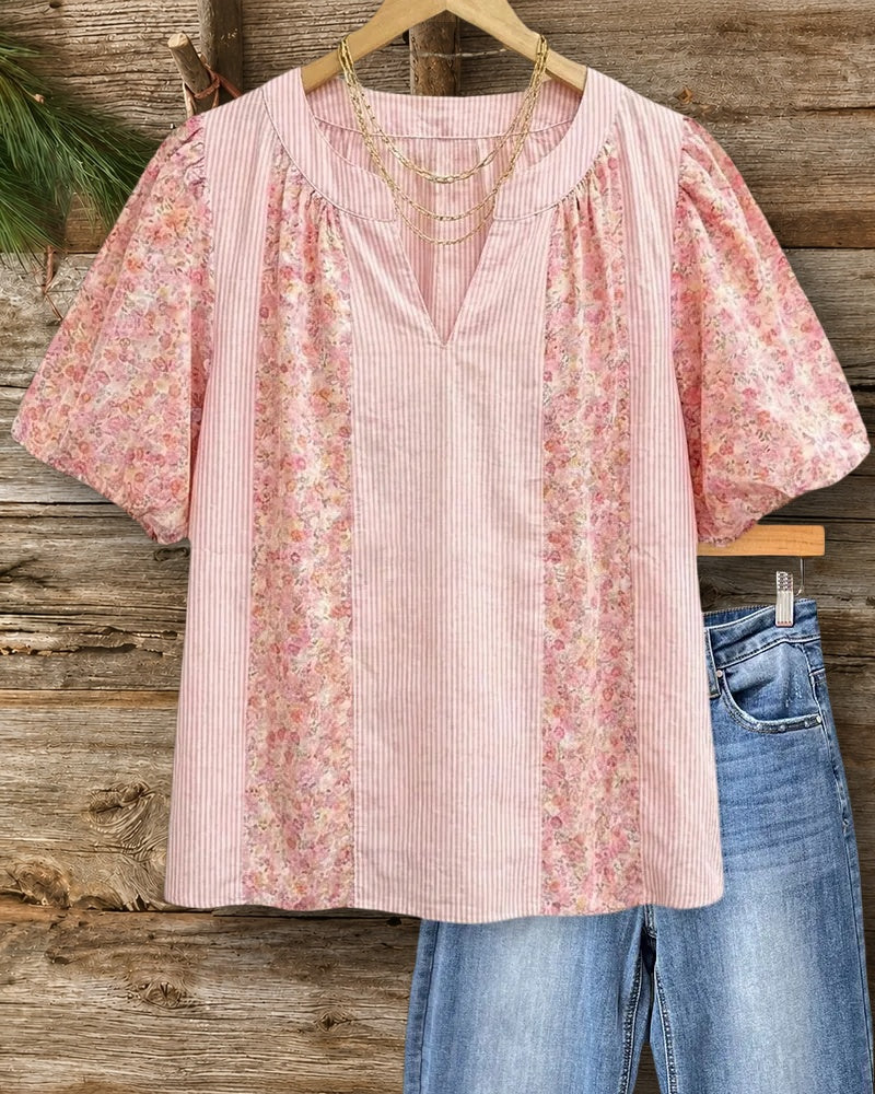 Floral Striped Patchwork V Neck Short Sleeve Casual Blouse