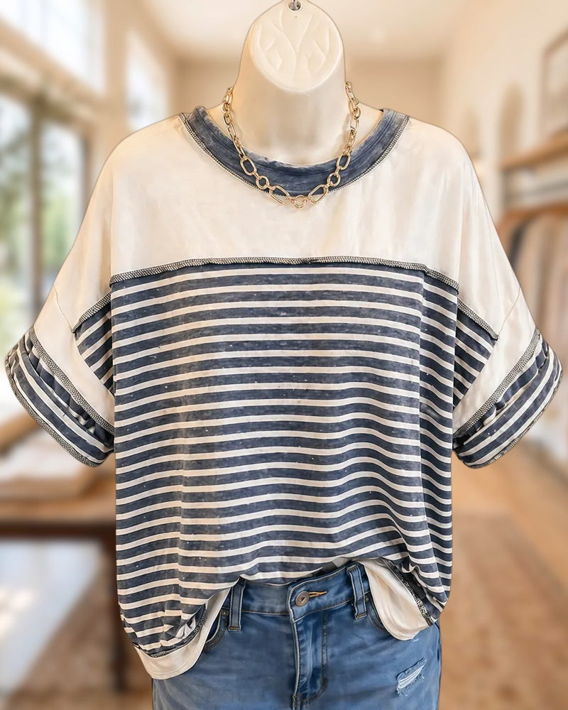 Striped Color Block Exposed Stitch Rolled Cuff Loose Casual T-Shirt